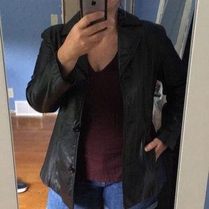 Black leather car coat